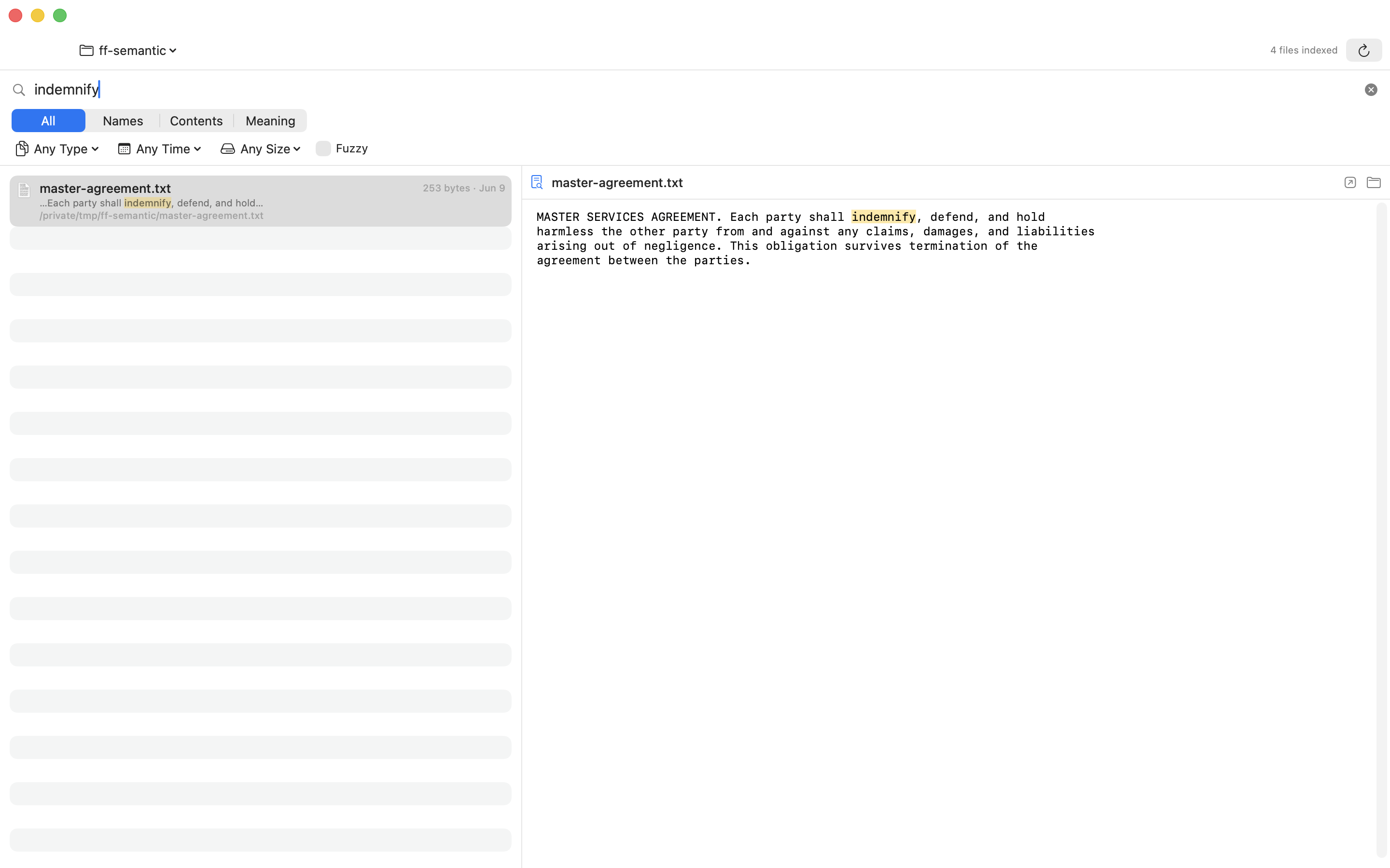 FileFox searching file contents with highlighted matches and an in-document preview