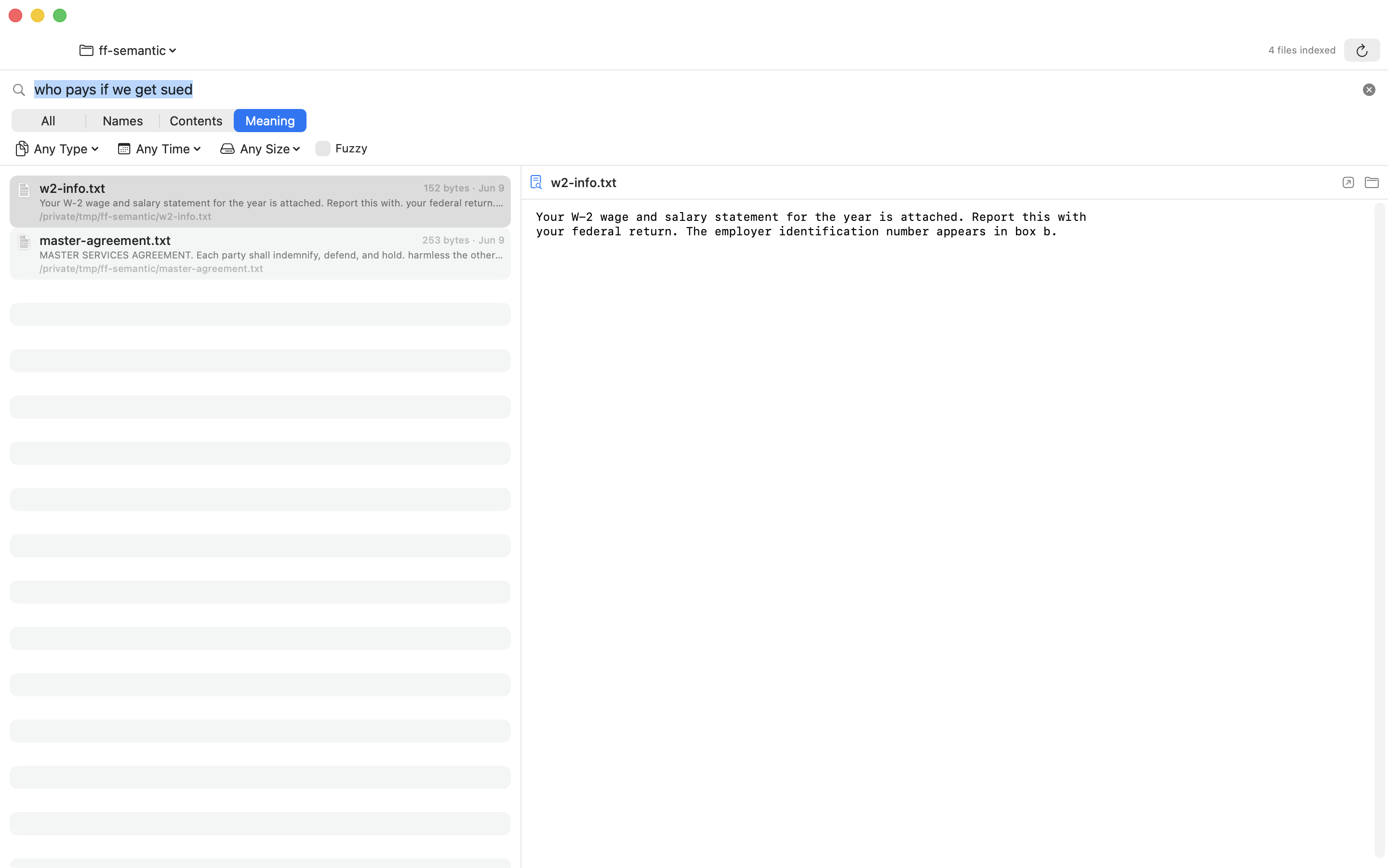 FileFox Meaning mode finding a contract from a natural-language query